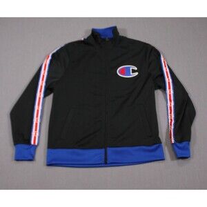 VTG Y2K Champion Men Track Jacket Full Zip Polyester Black Big Logo Sz L